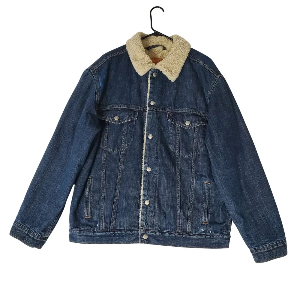Levis Mens Sherpa Lined Denim Trucker Jacket XL Dark Wash 70520 Blue Stain